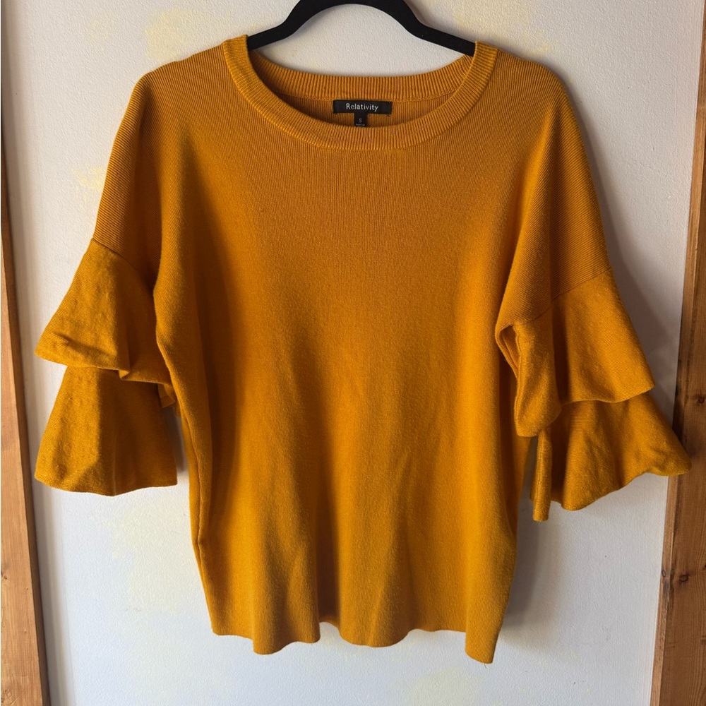Relativity Mustard Yellow Top Ruffled Bell Sleeve Small